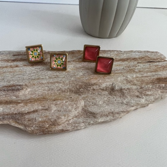 Classic Flirty Stud Earrings - Gold Boho Chic Square & Round Stud Earrings - Picture 9 of 15